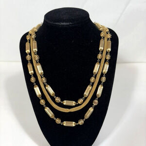 Gold Tone Necklace Multi Strand Mesh Chain and Bead Mid-Century Modern Vintage